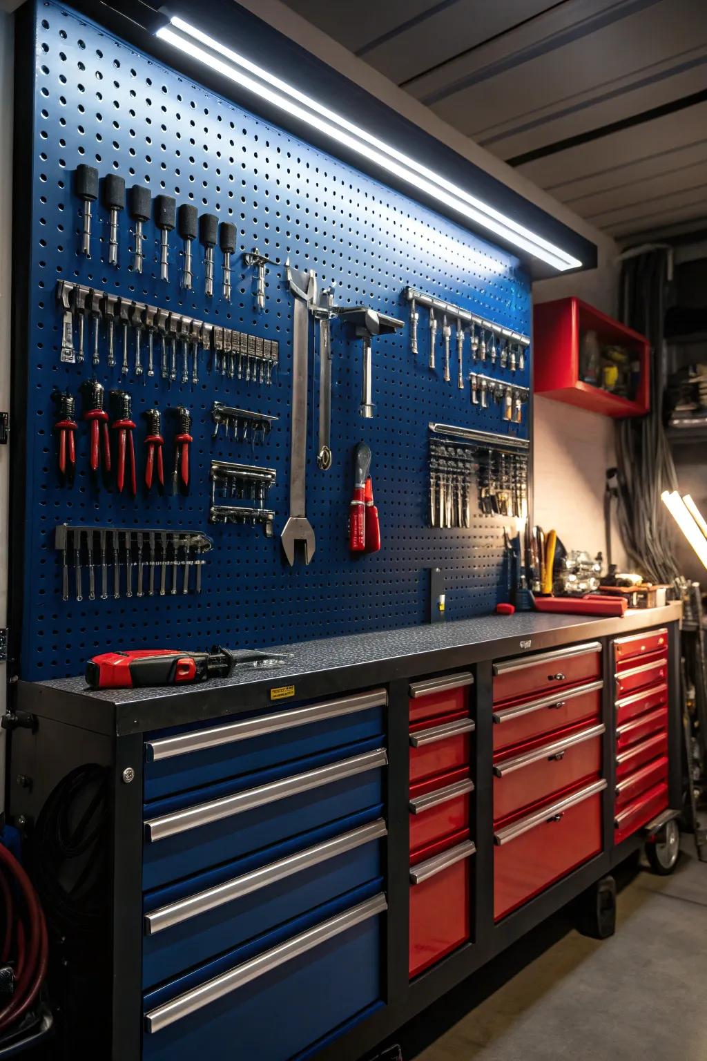 Amplify your garage interior by embracing accentuated illumination, underscoring your apparatus and refining your workspace environment.