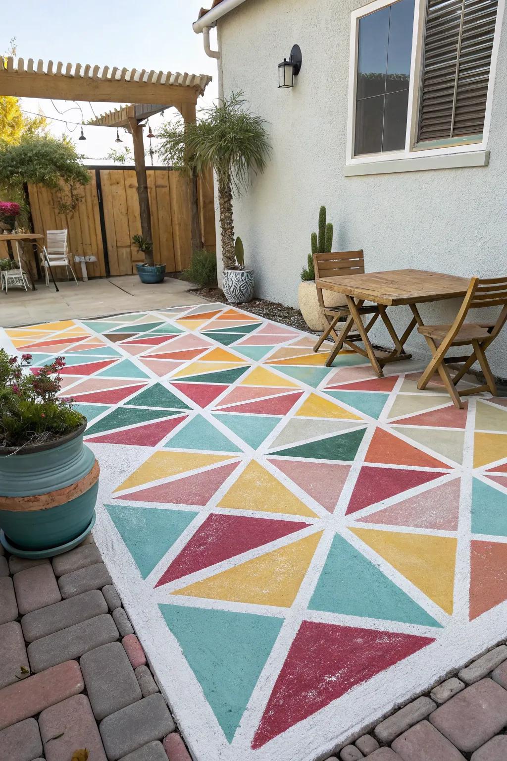 A lively, personalized patio featuring artistic concrete.