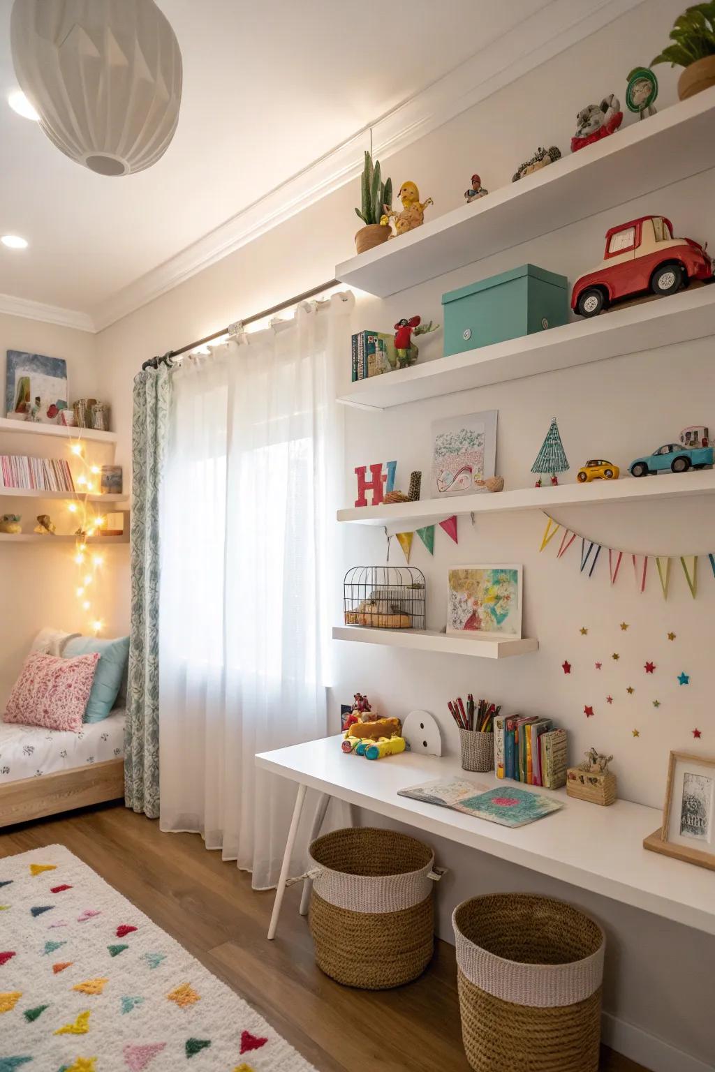Suspended shelves optimize wall space for storage.