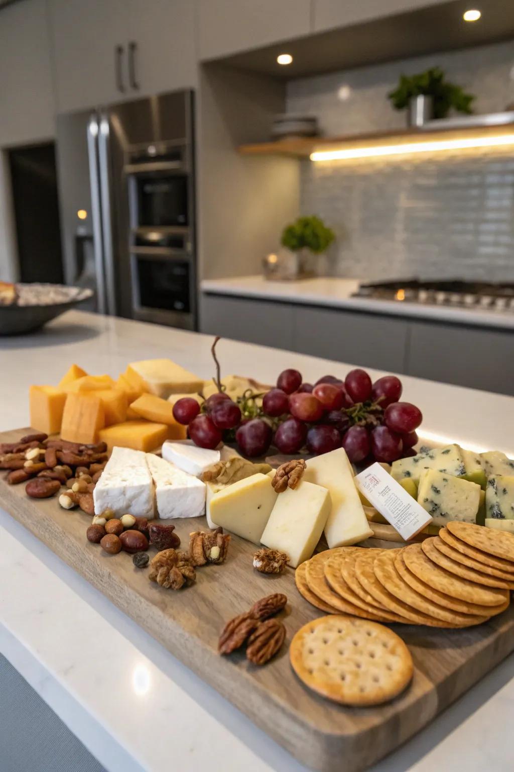 A cheese board showcasing crunchy kernels.