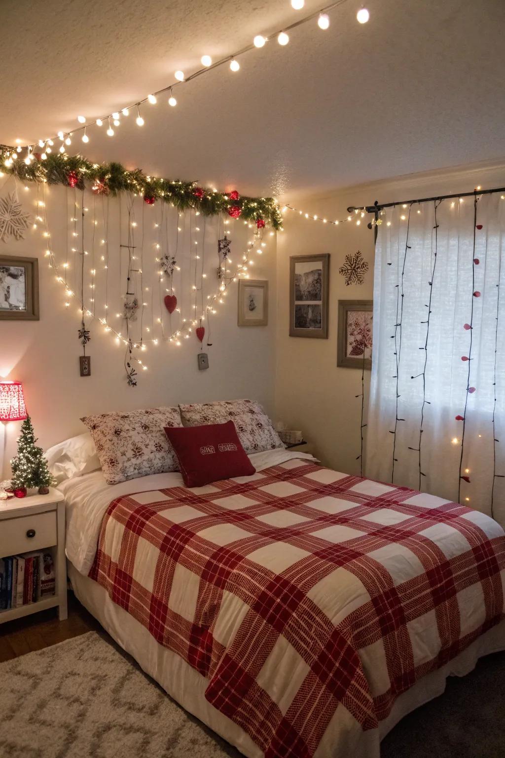 A bedroom sprinkled with holiday magic through themed bedding.