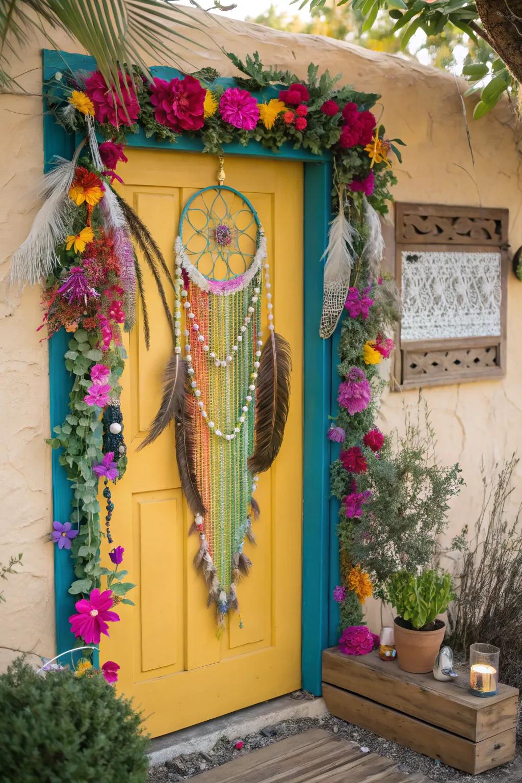 Feathers and beads contribute a bohemian accent.