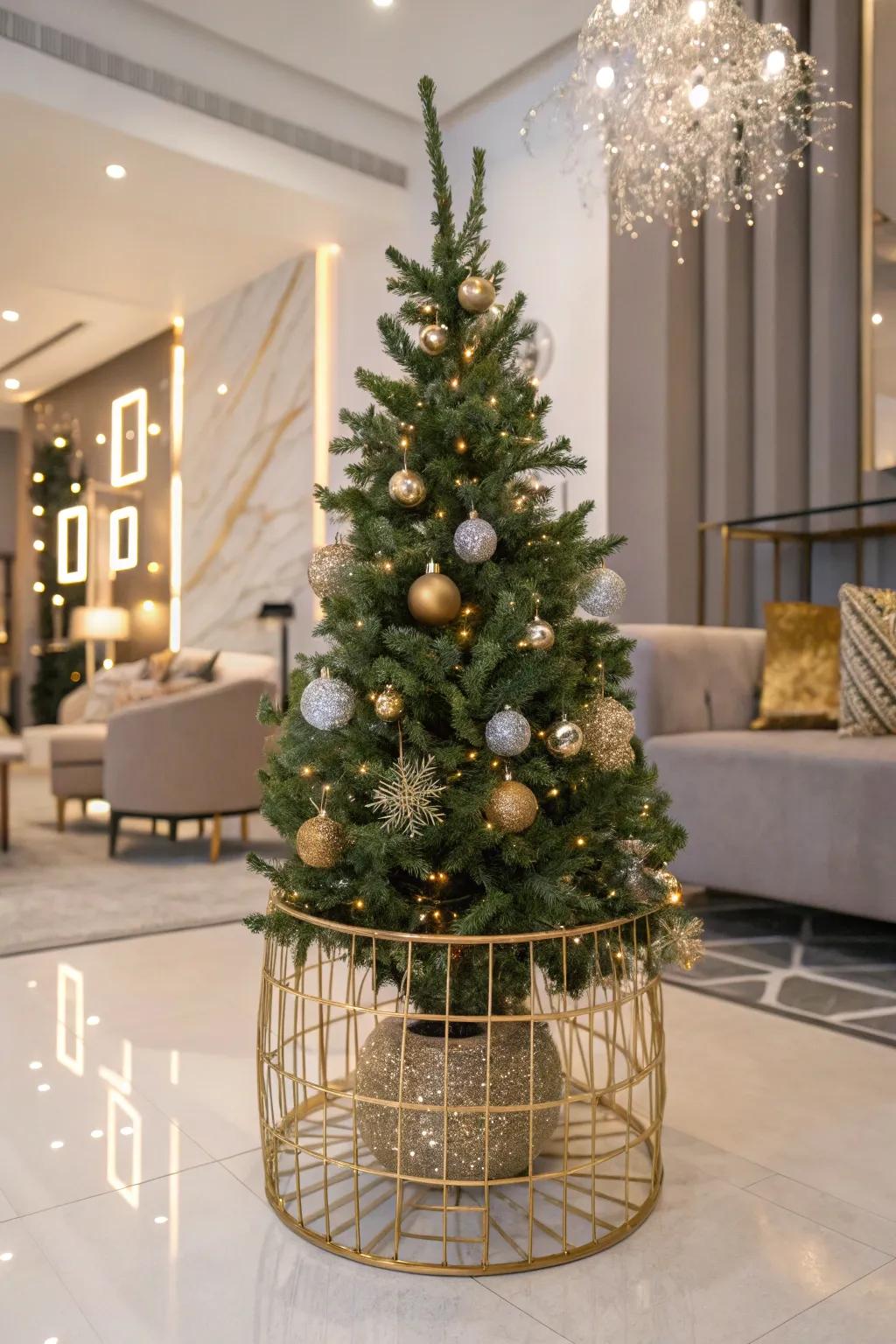 A gilded filigree basket contributes a glamorous touch to your tree.