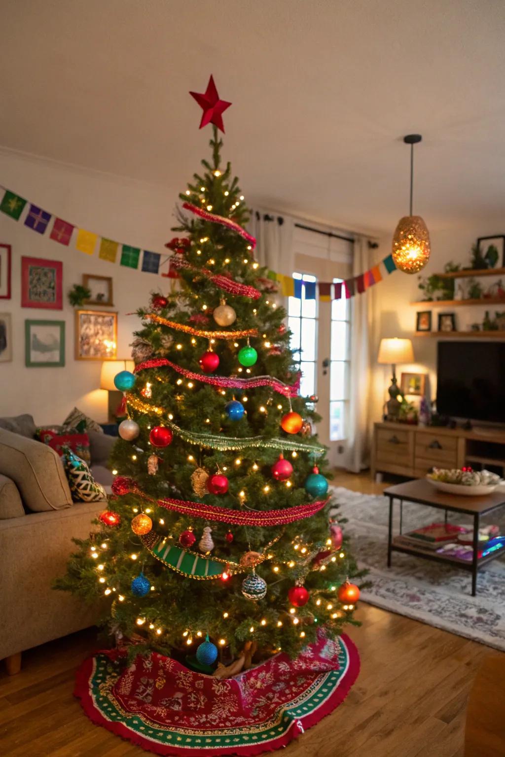 A lively Christmas tree showcasing celebration-themed ornaments and vibrant colored lights, introducing a festive flair to the holidays.