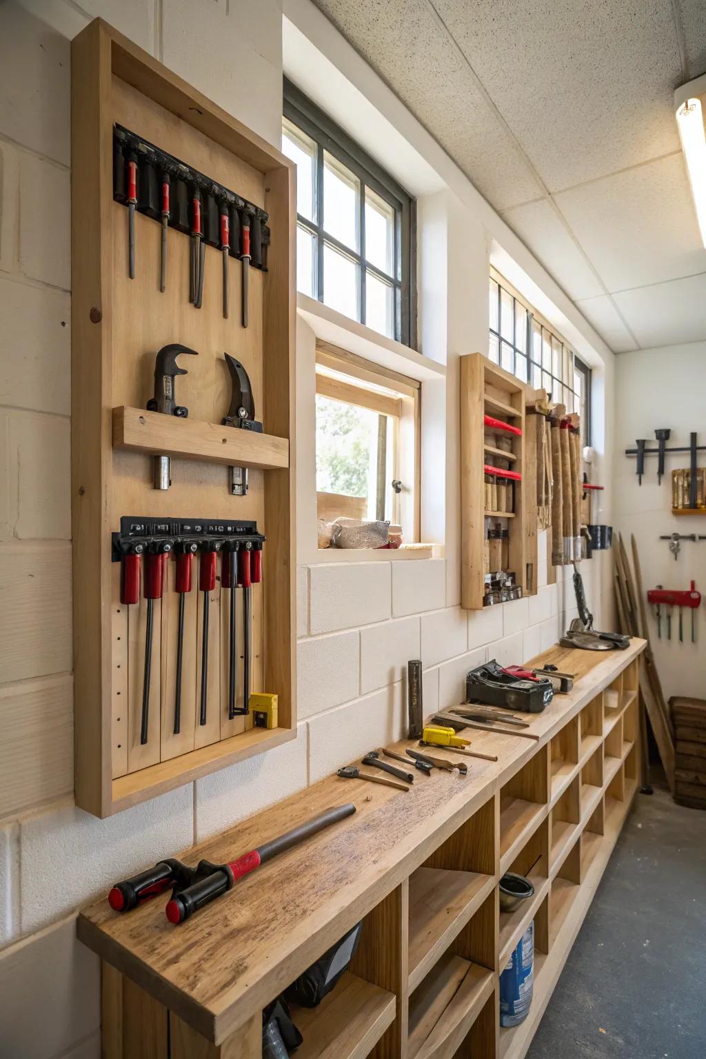 Indented alcoves provide a streamlined and integrated storage option.