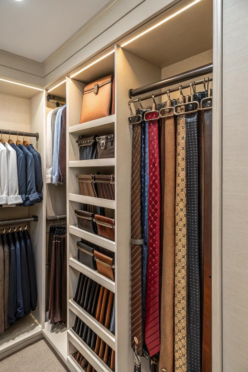 Organized and accessible accessory storage is facilitated by pull-out racks.