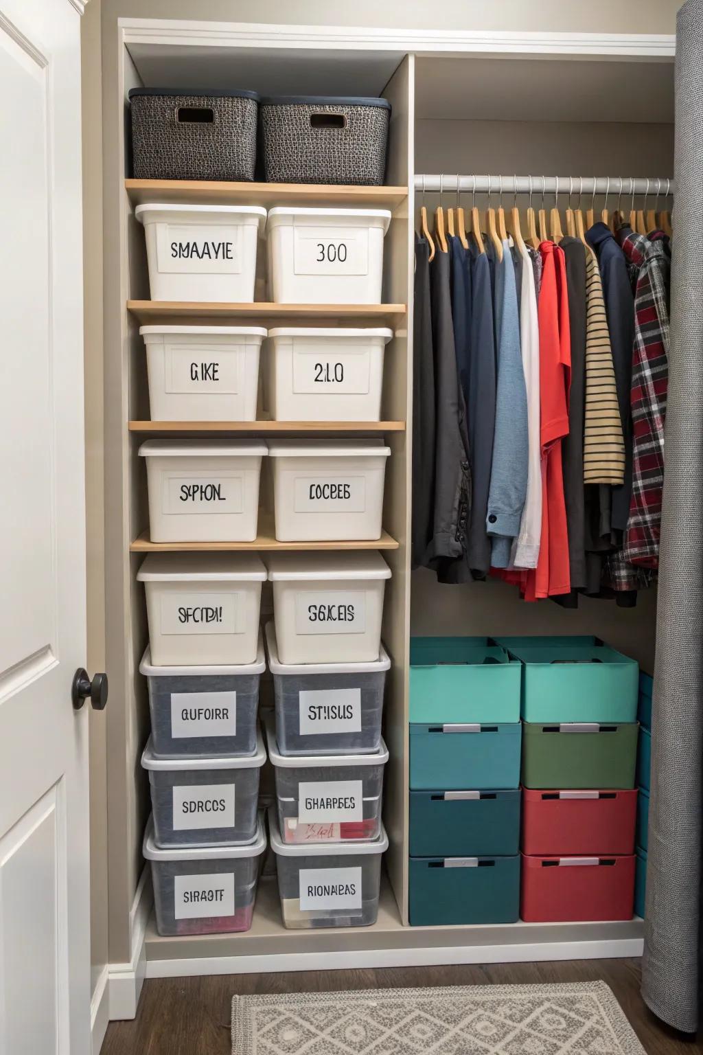 Labels help you quickly find what you need in a well-organized closet.