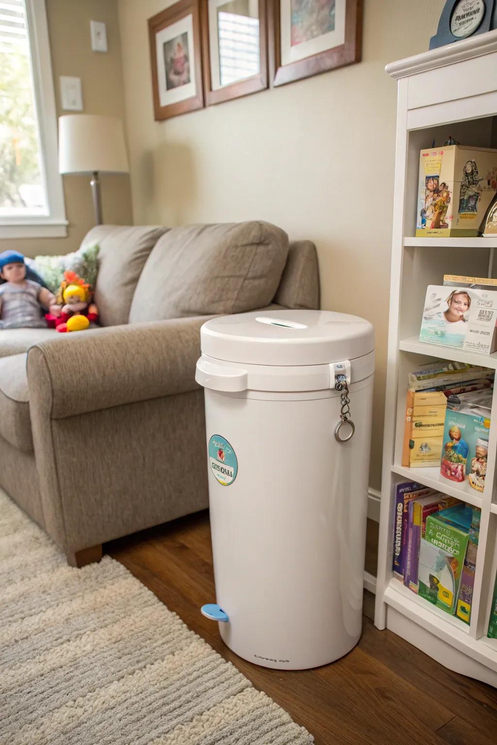 A child-resistant diaper receptacle ensures safety and averts inadvertent messes within a family home.