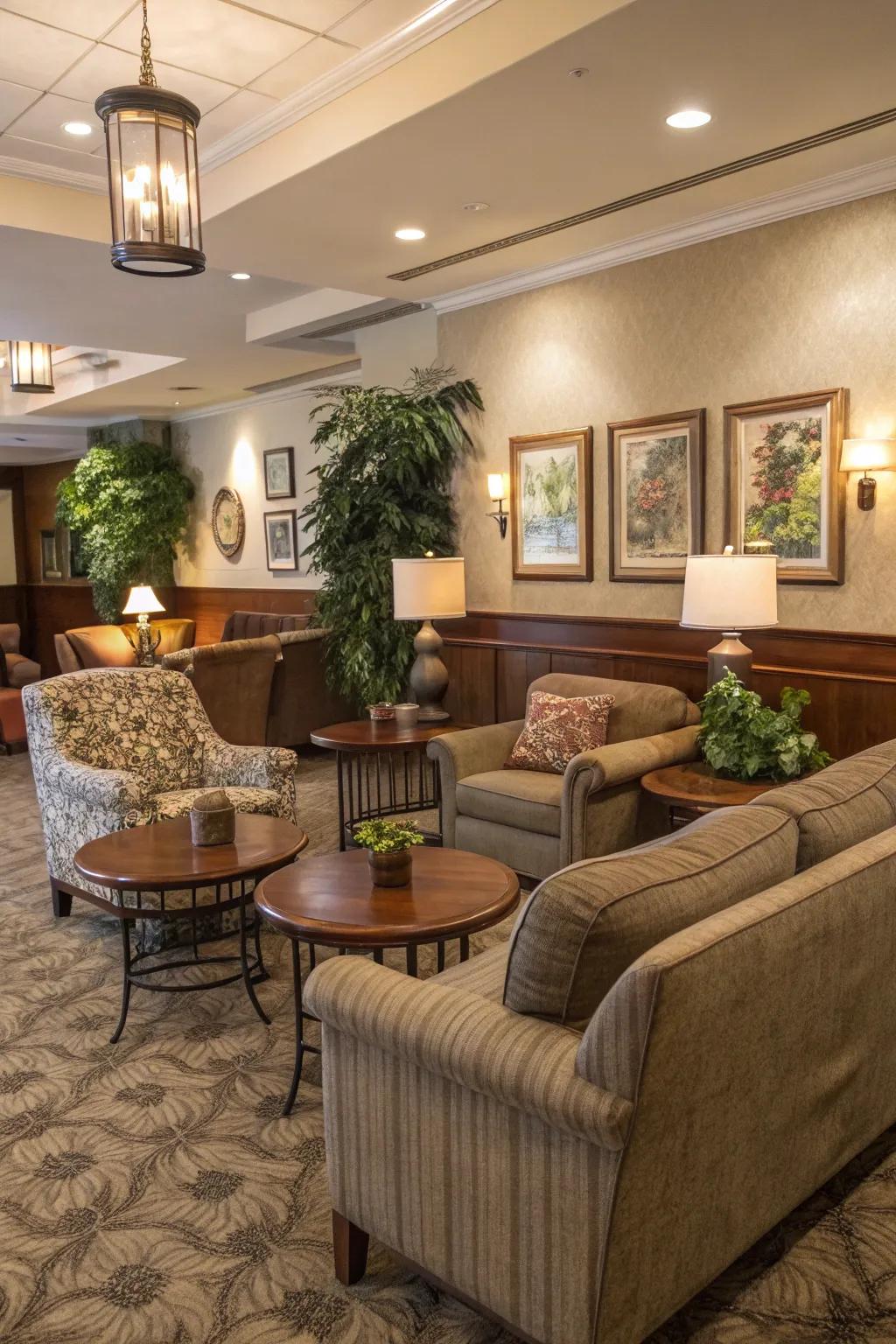 Engaging social environments encouraging gatherings in a clubhouse.