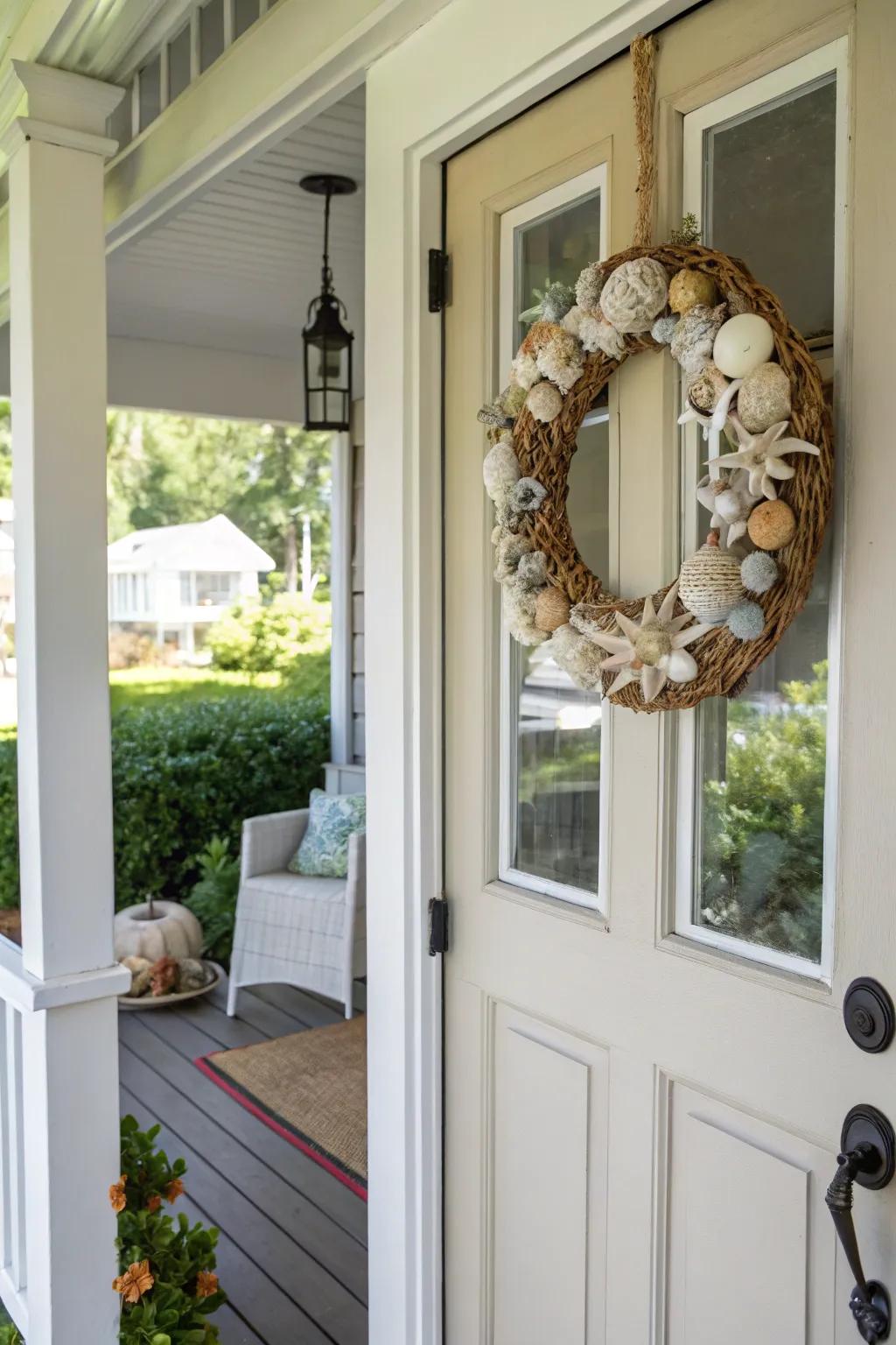A beachy wreath offering a warm coastal welcome.