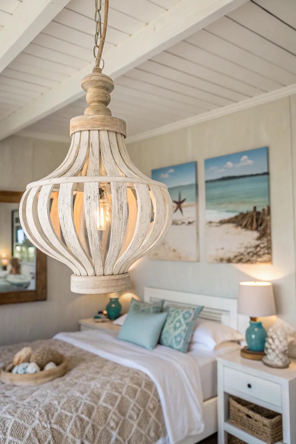 Chalked timber fixtures evoke a soothing coastal vibe.