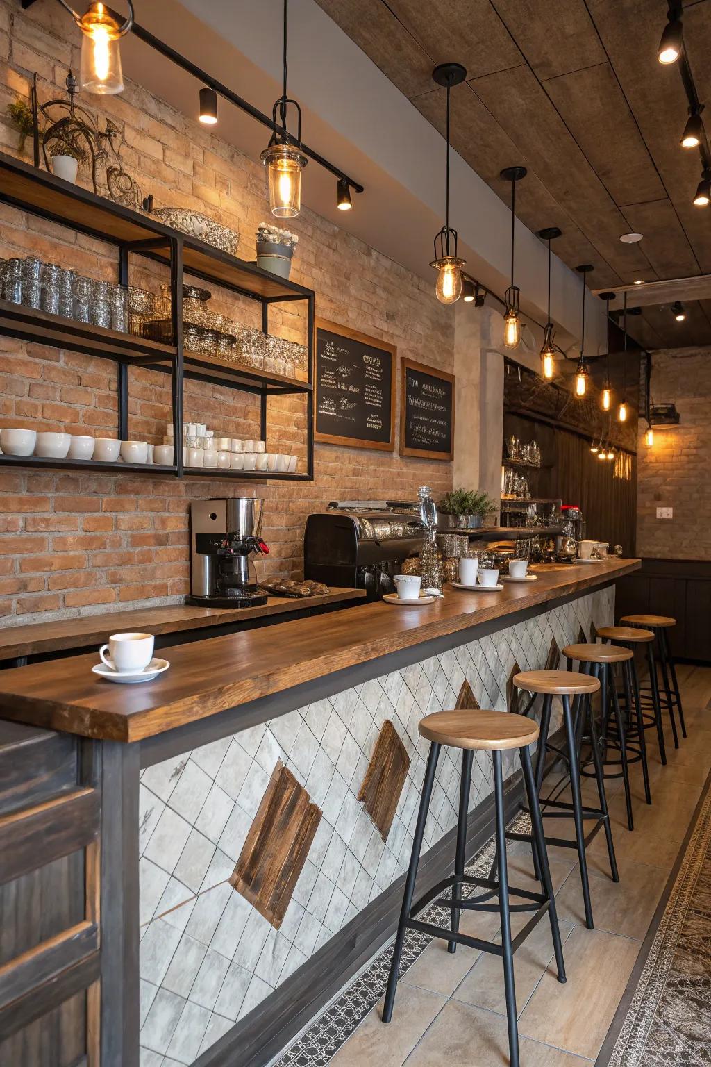 A vibrant unification of surfaces within the coffee area.