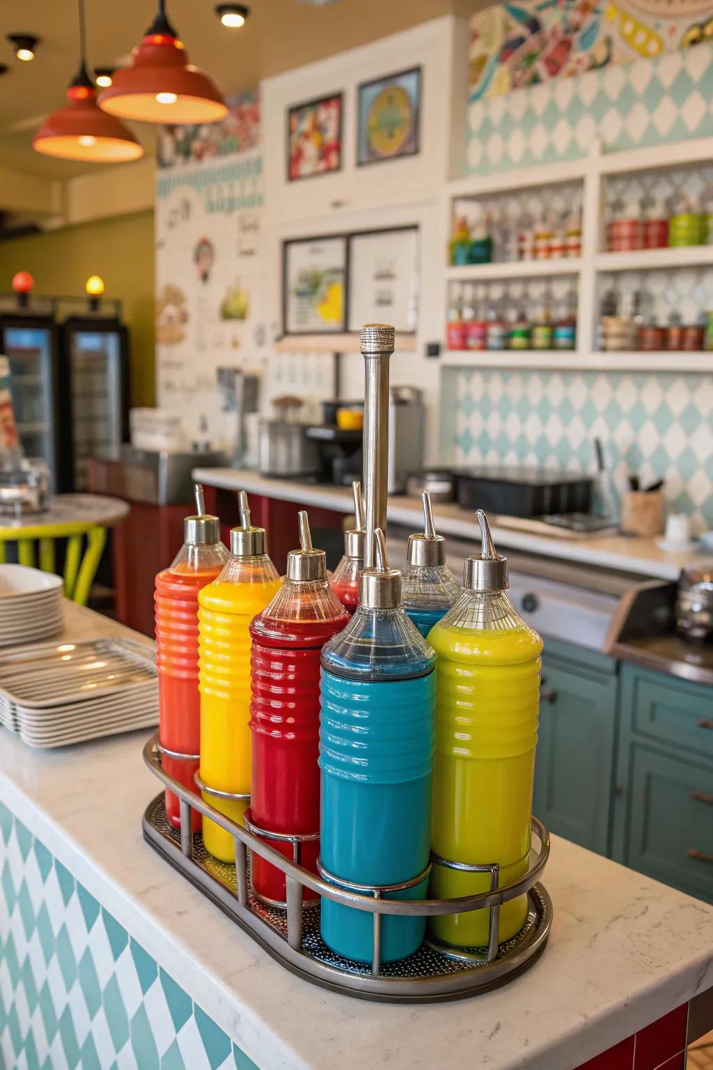 Colorful dispensers add a fun and energetic vibe.