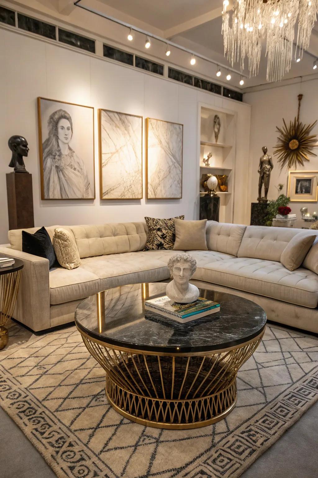 A sculptural center table adds artistic flair to a stylish lounge.