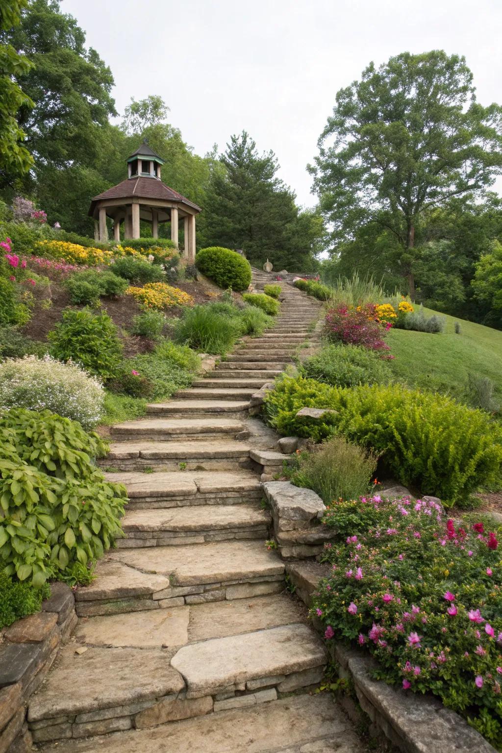 Tiered walkways provide practical navigation and aesthetic appeal.