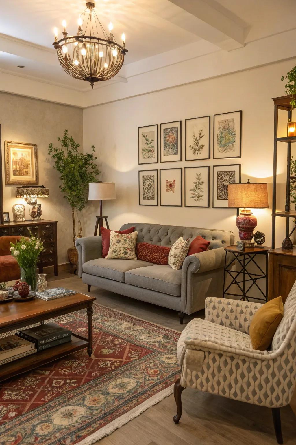 A blend of contemporary and classic elements fashions an eclectic yet harmonious living room.