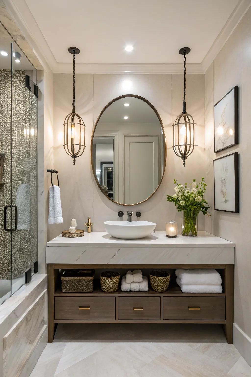 An elevated storage introduces a modern touch to this guest bathroom.