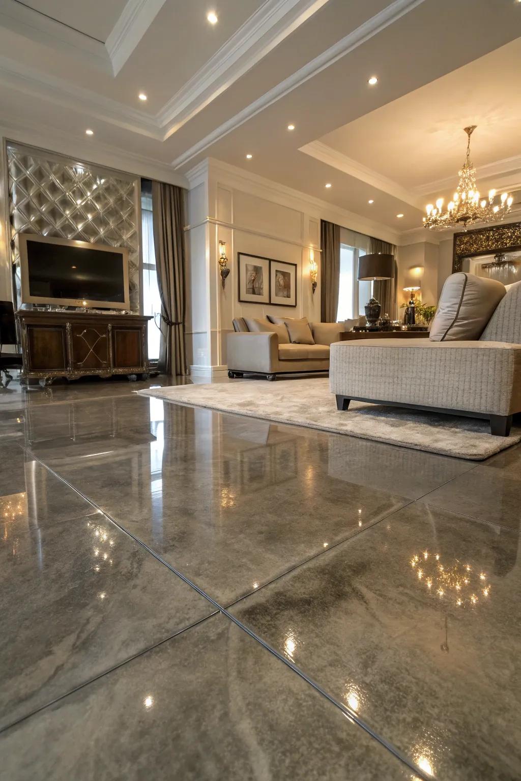 Metallic sheen concrete flooring adding a luxurious touch to a living room.