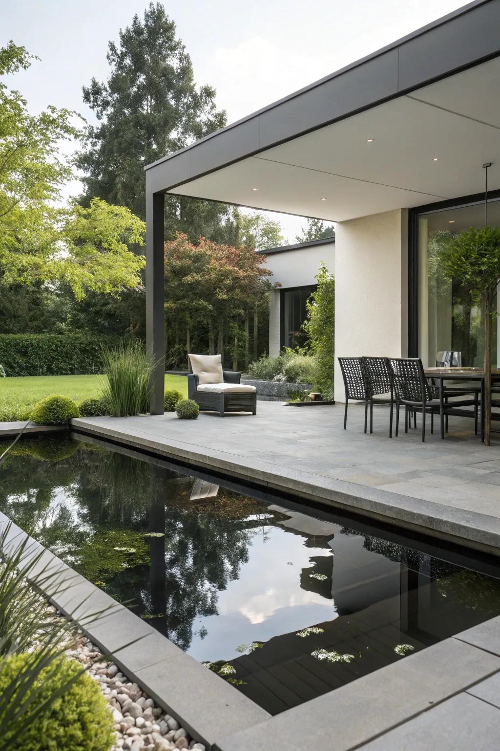 A mirroring pool contributing grace and tranquility to a patio.