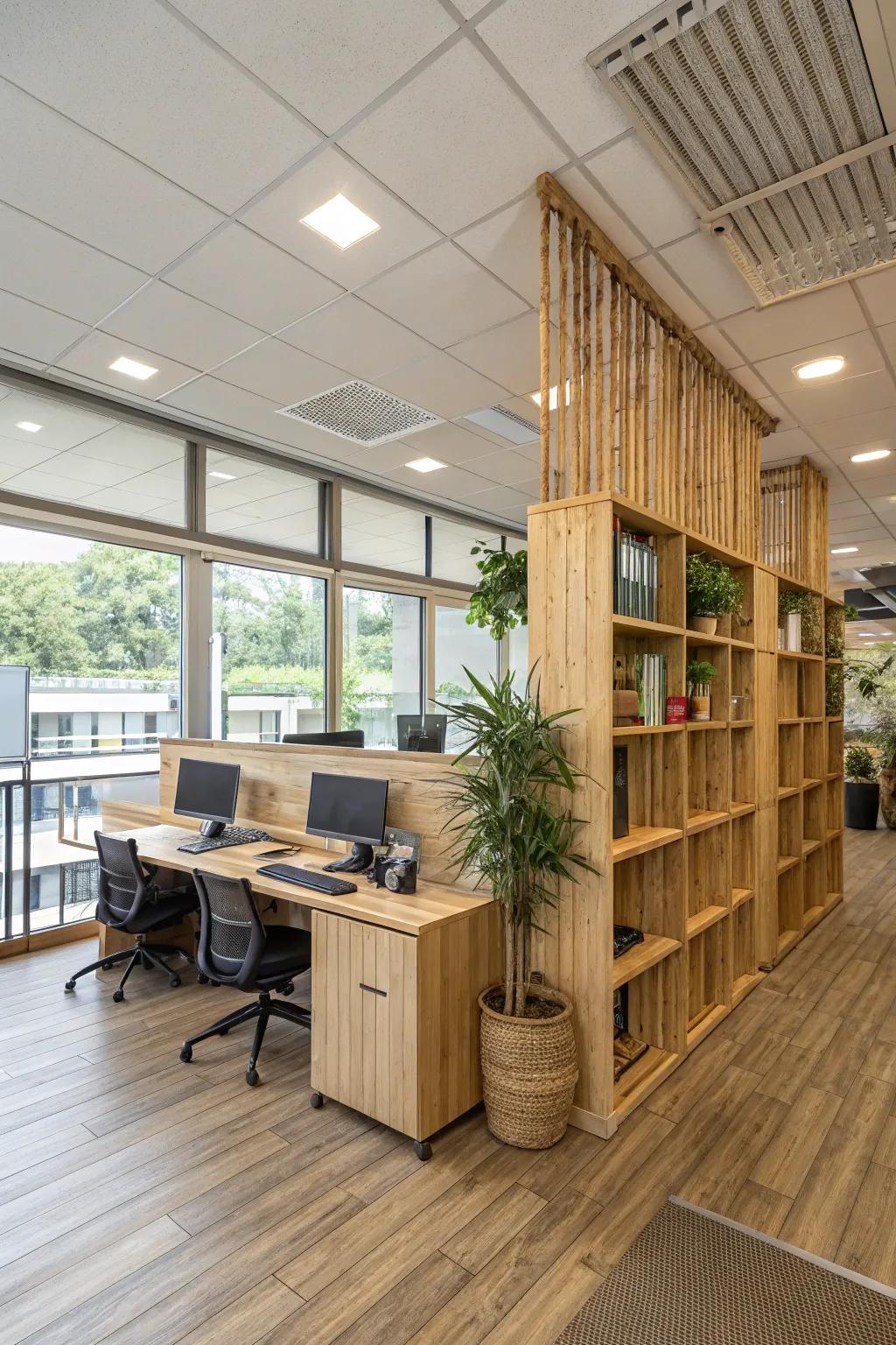 An office space that features eco-friendly, renewable materials.
