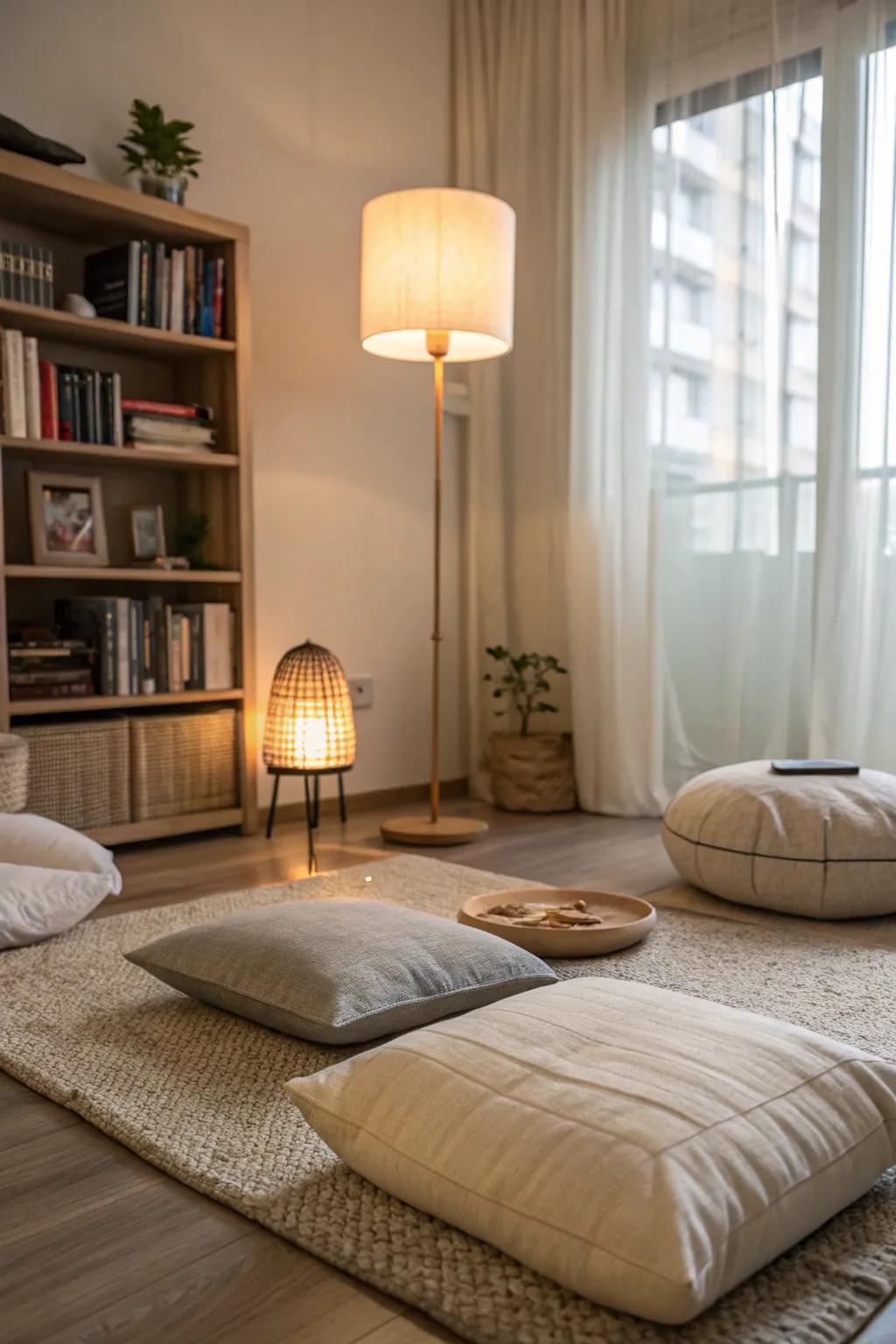 A meditative corner furnishes a serene refuge for both relaxation and contemplation.