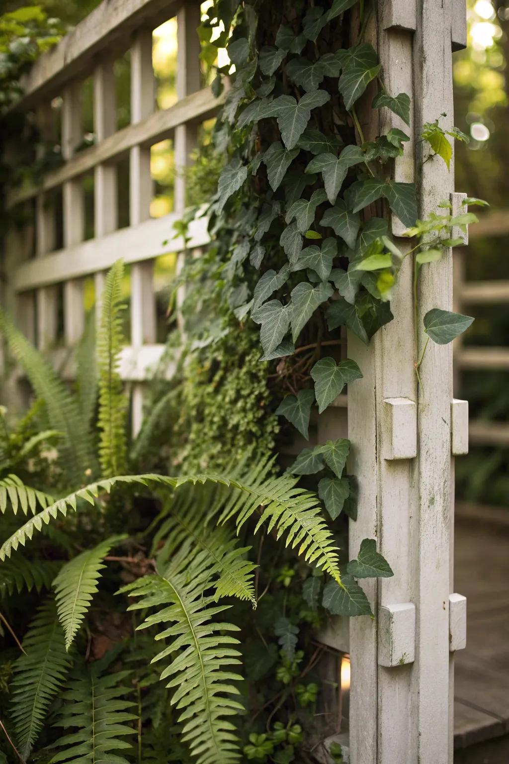 A textural exhibit of ferns and ivy on a trellis.