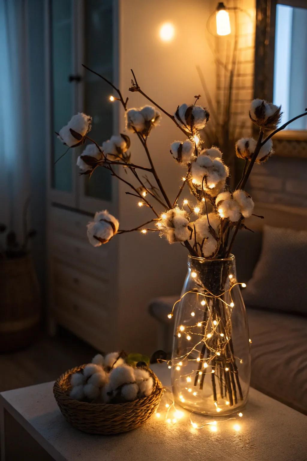 Whimsical charm enhanced by fairy-lit cotton stems.