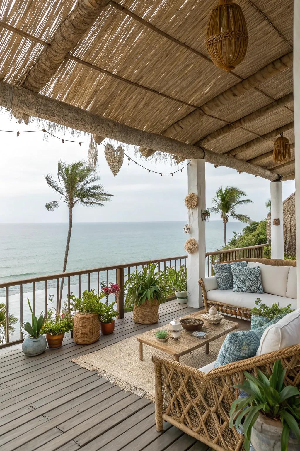 A relaxed thatch-canopied deck, perfect for a coastal ambiance.