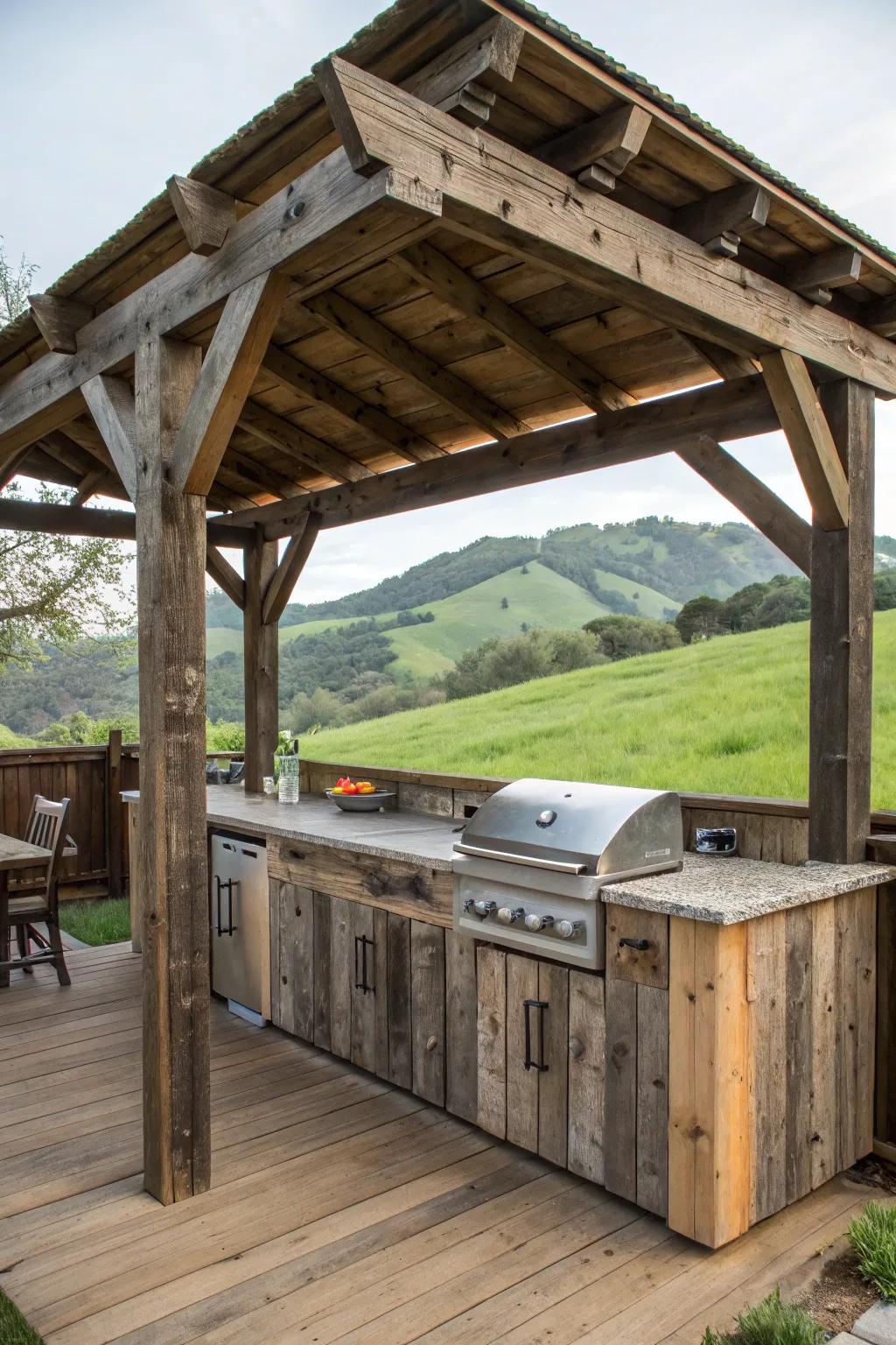 A shed-inspired framework adding country charm to a cooking space.