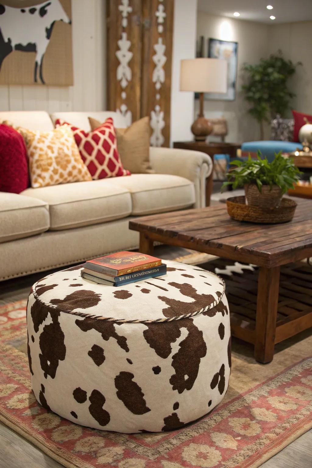 A wild animal pattern ottoman adds whimsy and function to any space.