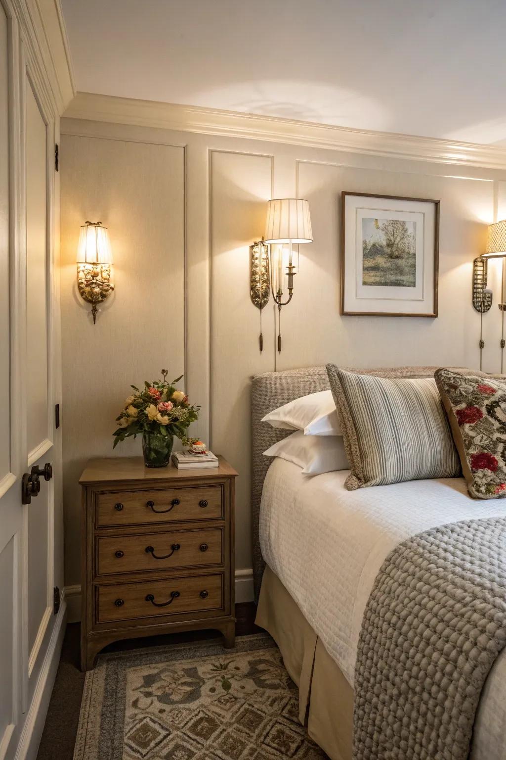Wall lamps add refinement and conserve area in compact bedrooms.