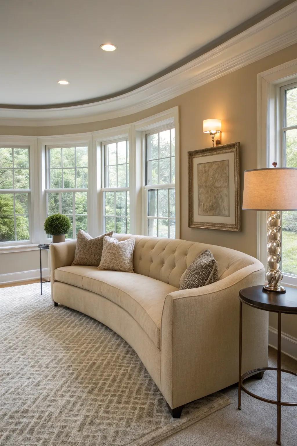 Curved furniture elevates flow and comfort.