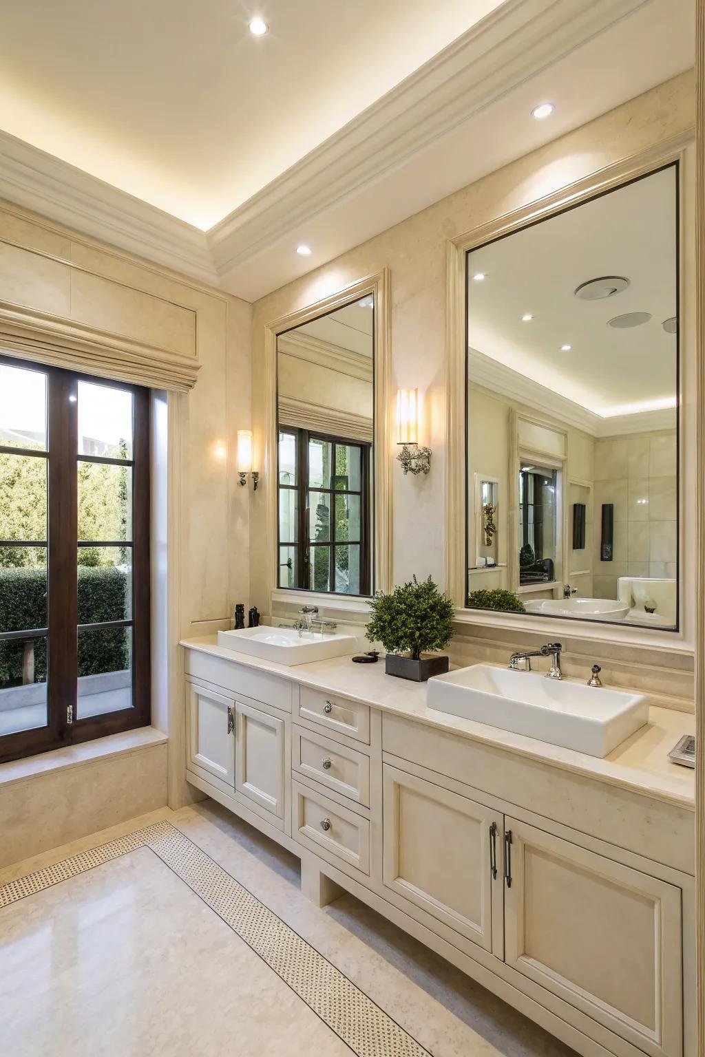 Mirrored surfaces render this cream bathroom seem more spacious.