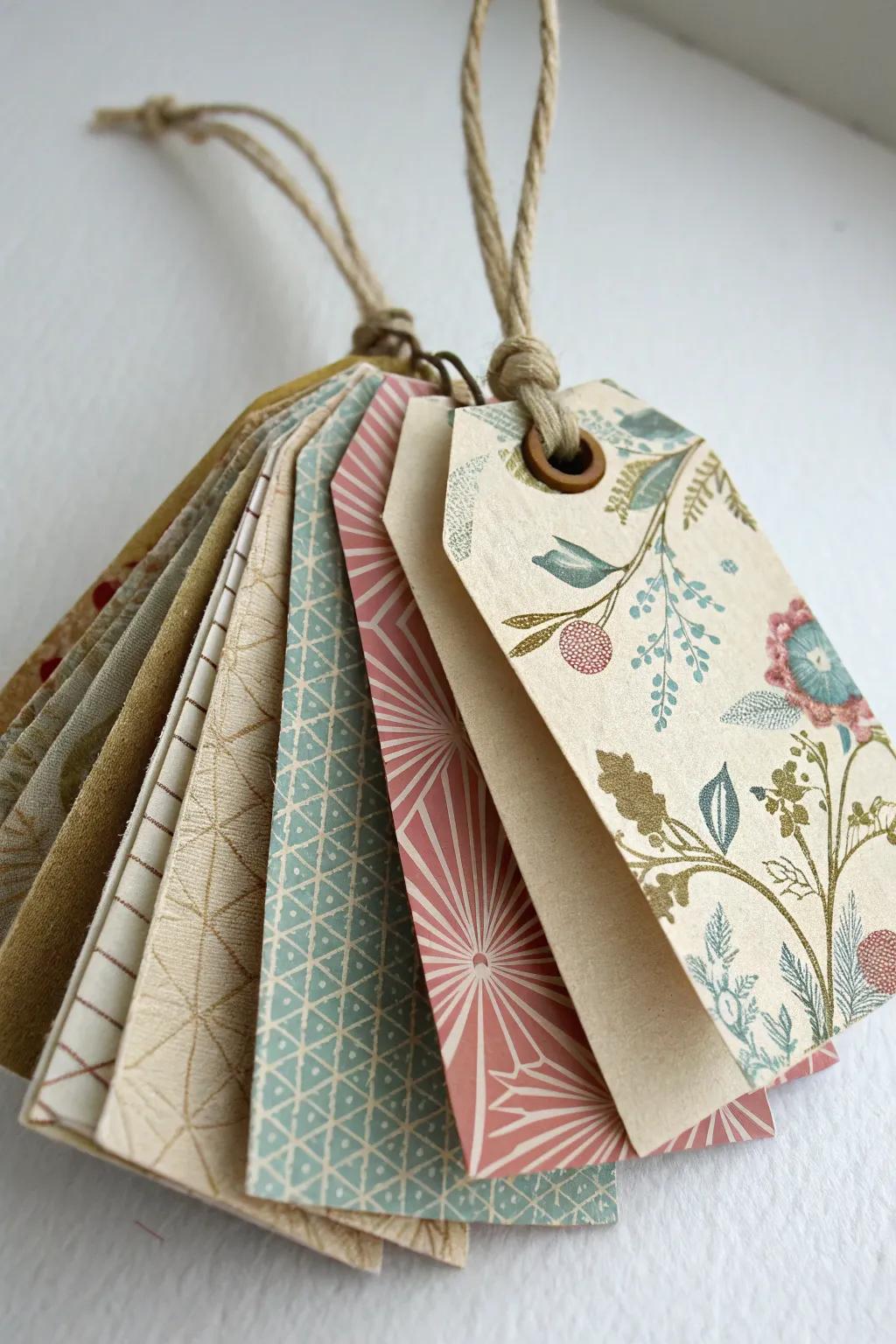 A layered tag combining different materials for an artistic look.