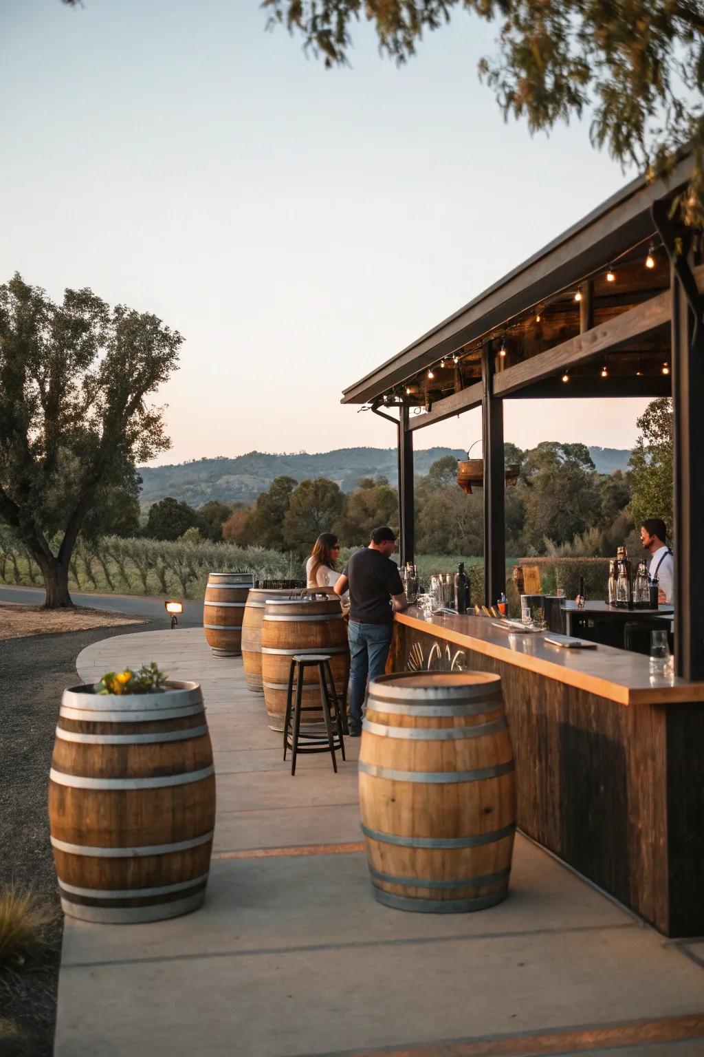 Wine casks impart a unique allure to this outdoor bar.