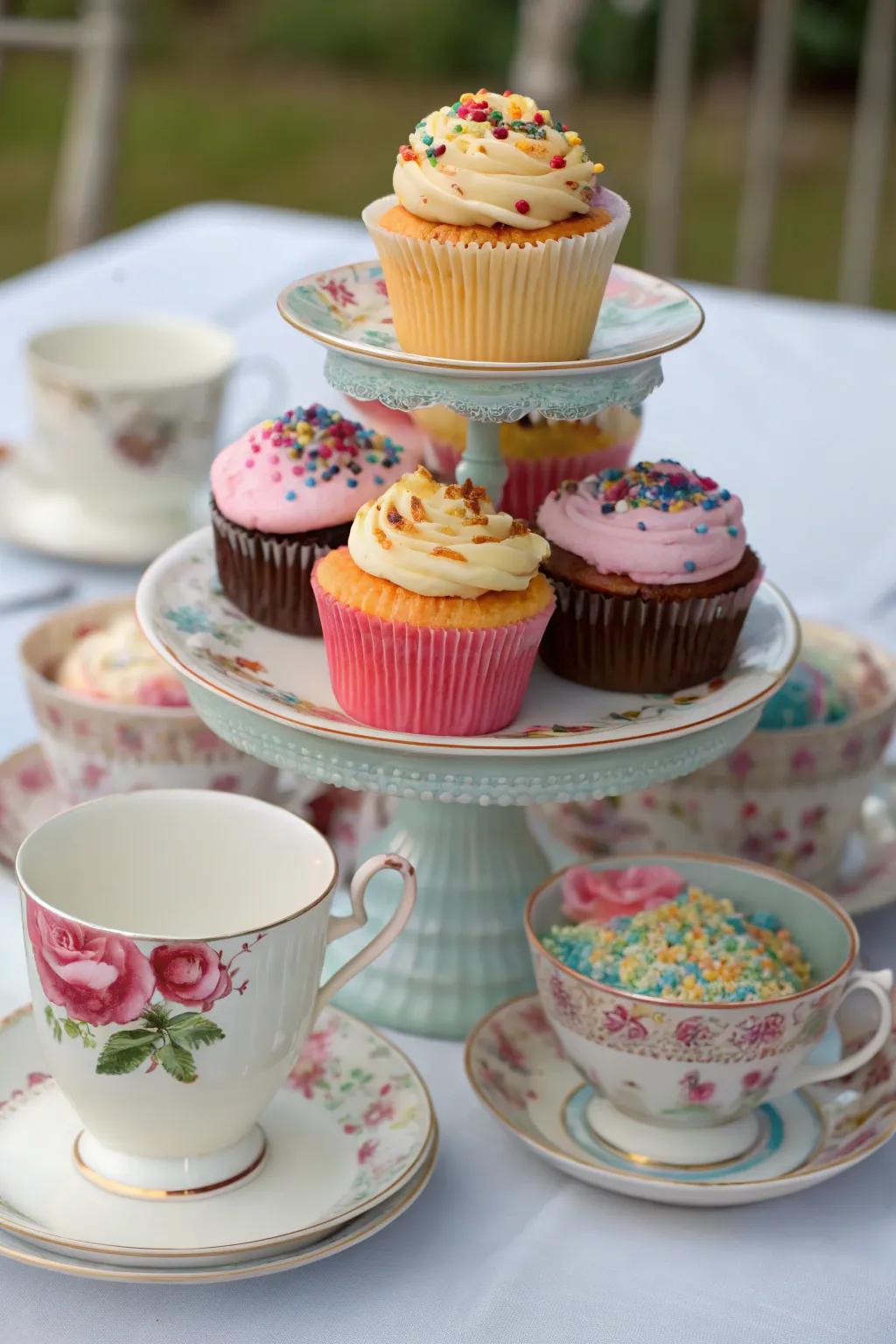 Whimsical arrangement showcasing teacups and saucers for a playful cupcake display.