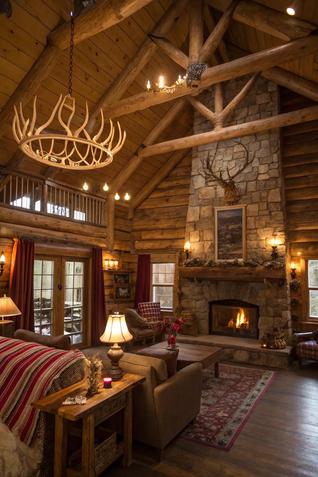 Antlers utilized as curtain rods cultivate a distinctive, homespun charm.