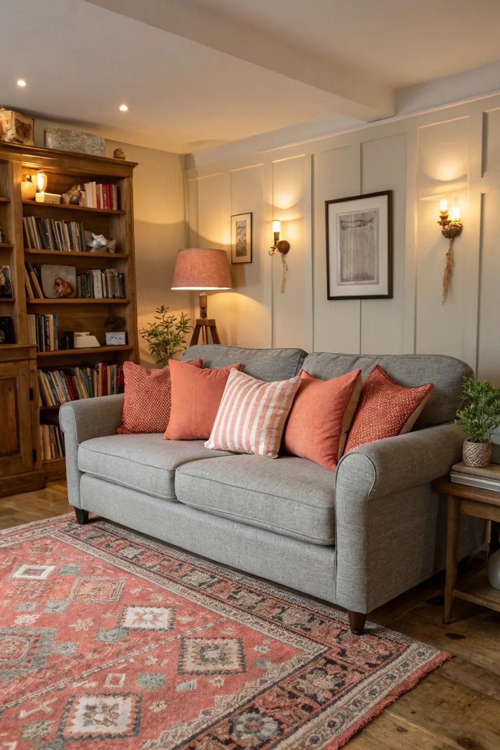 Coral cushions offer a warm and welcoming touch to a grey couch.