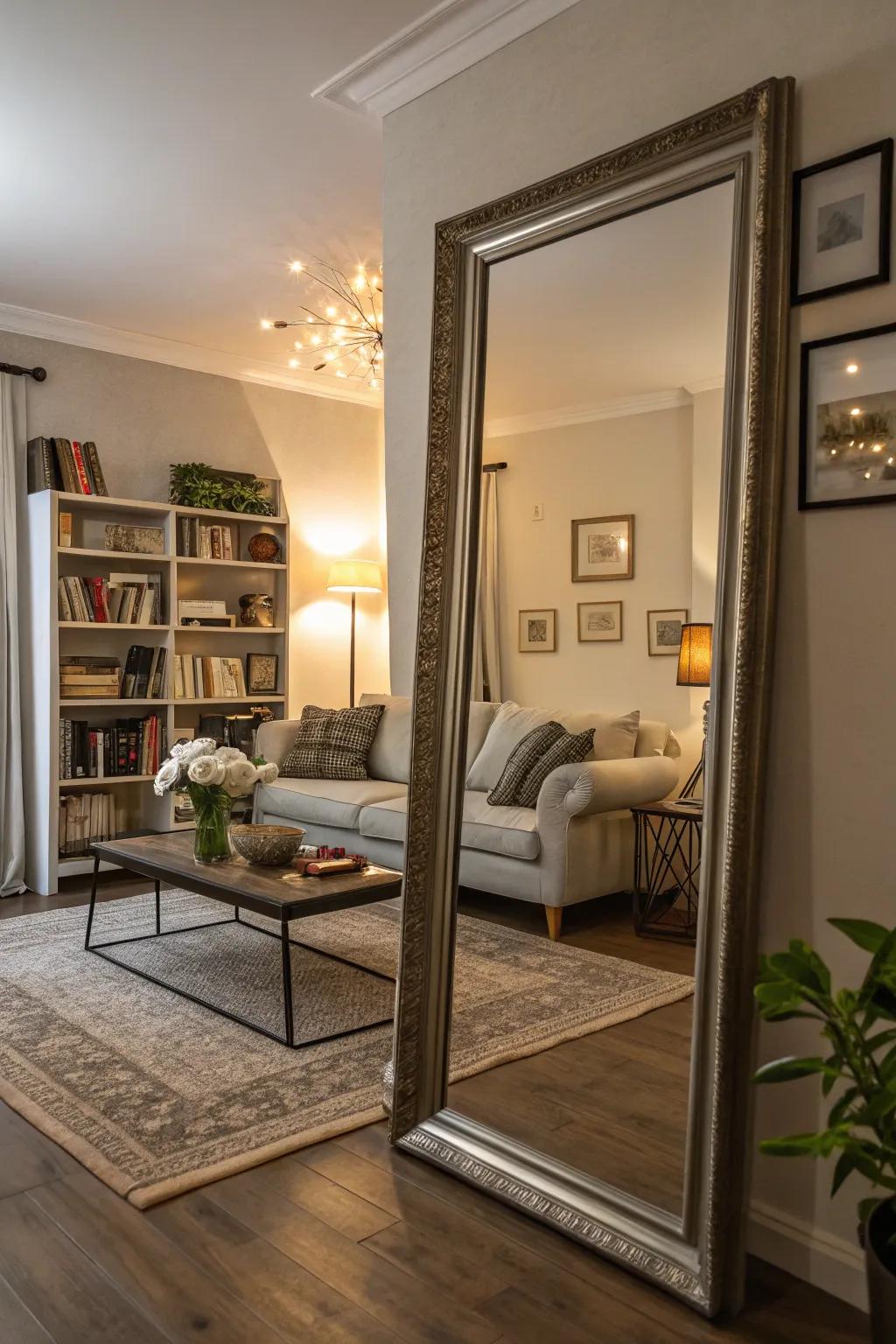 Mirrors amplify illumination and render the room seemingly larger.