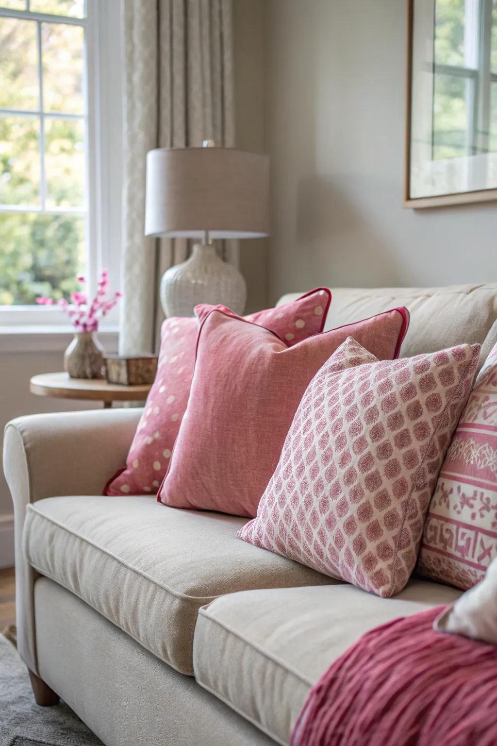 Rose cushions contribute versatility and flair to the divan.