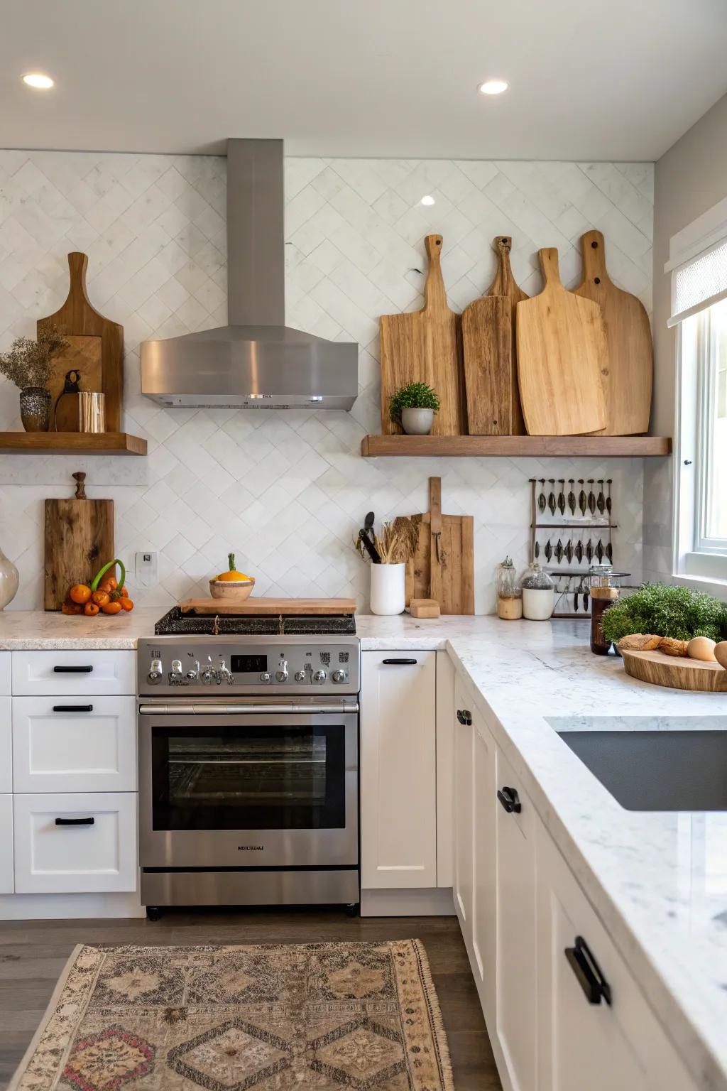 Cutting boards stored above the oven for space-saving.