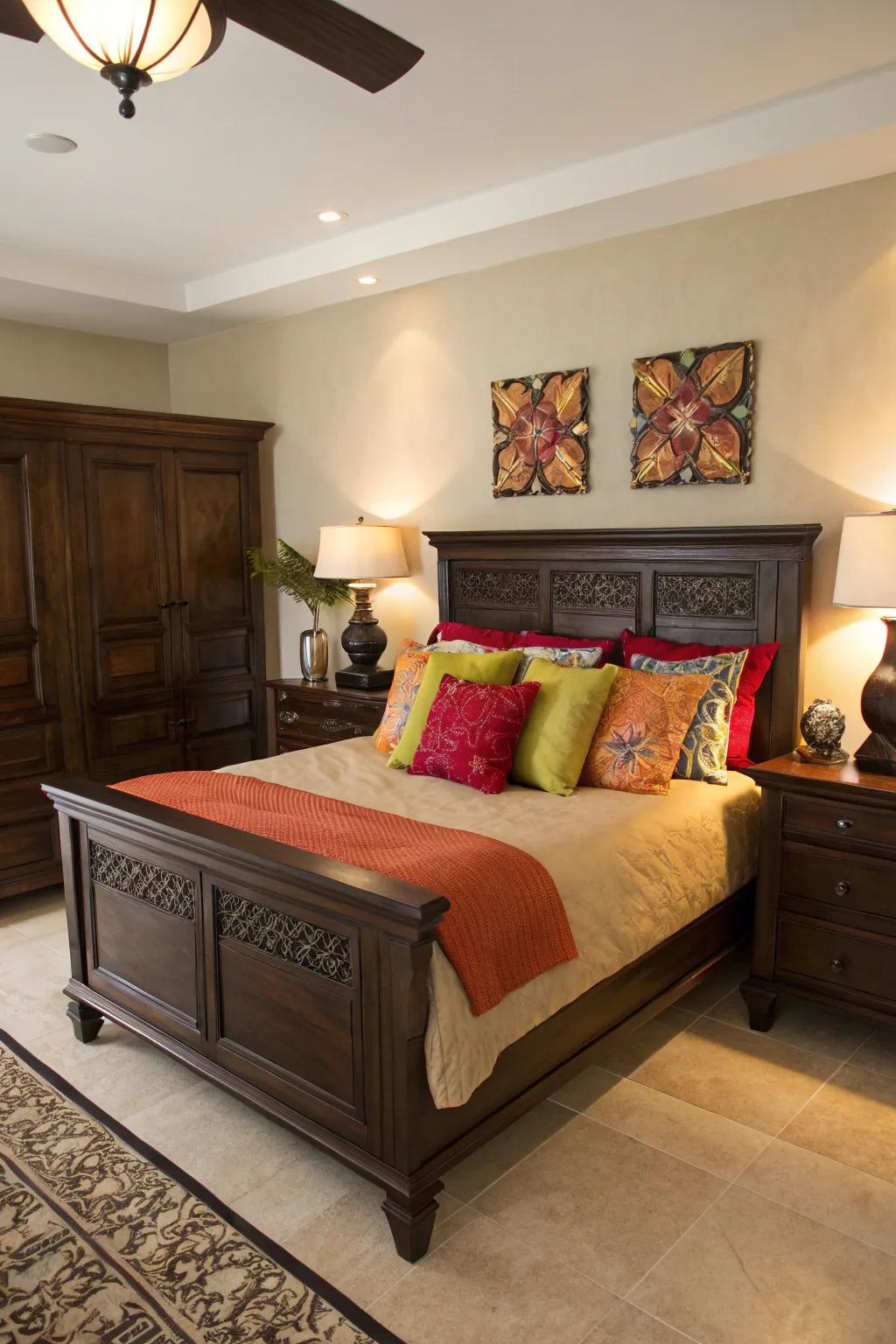 A burst of shade enlivens deep brown decor, enriching vibrancy.