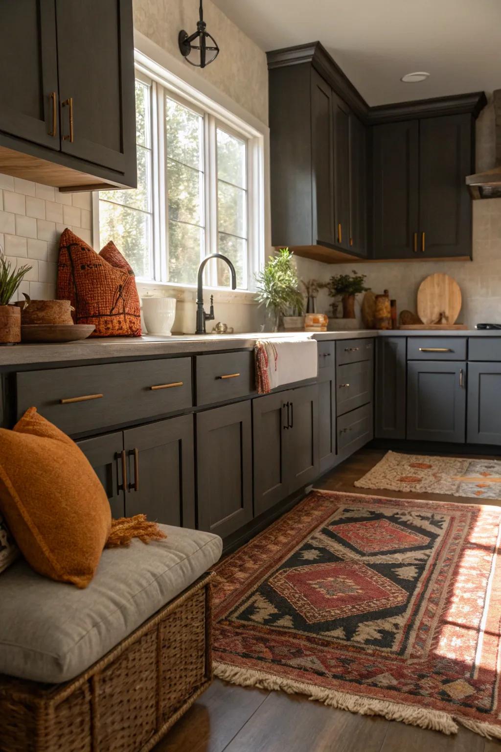 Warm accents harmonizing with the cool tones of charcoal-toned cabinets.