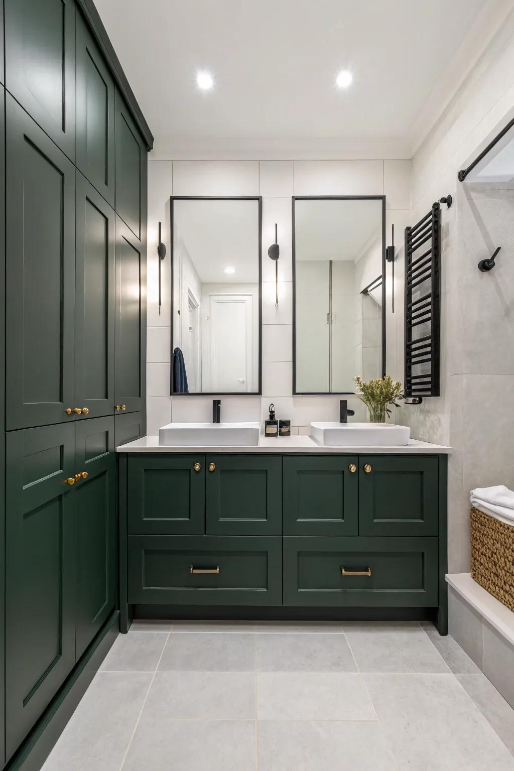 Elegant green cabinets refine both organization and aesthetic.