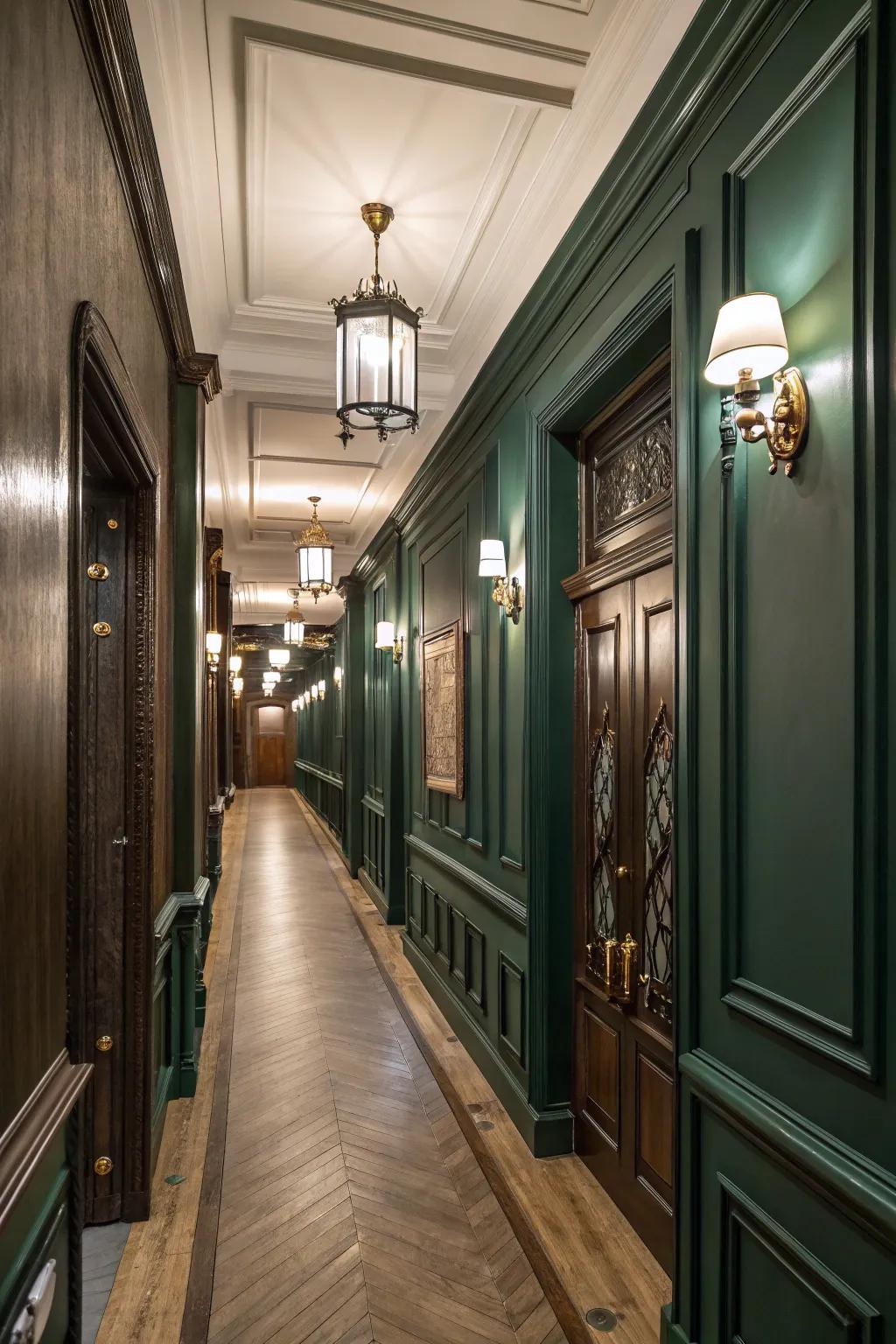 Dark green paneling enhances the refinement of this hallway.