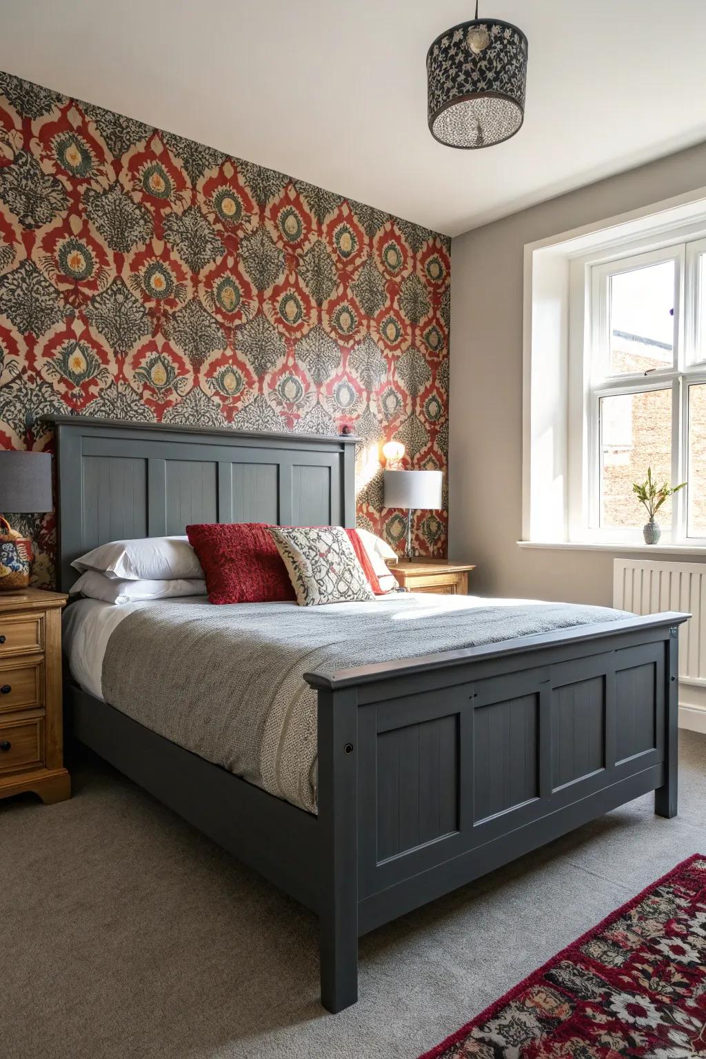 A bold feature wall enhances the focal point of a dark grey bed frame.
