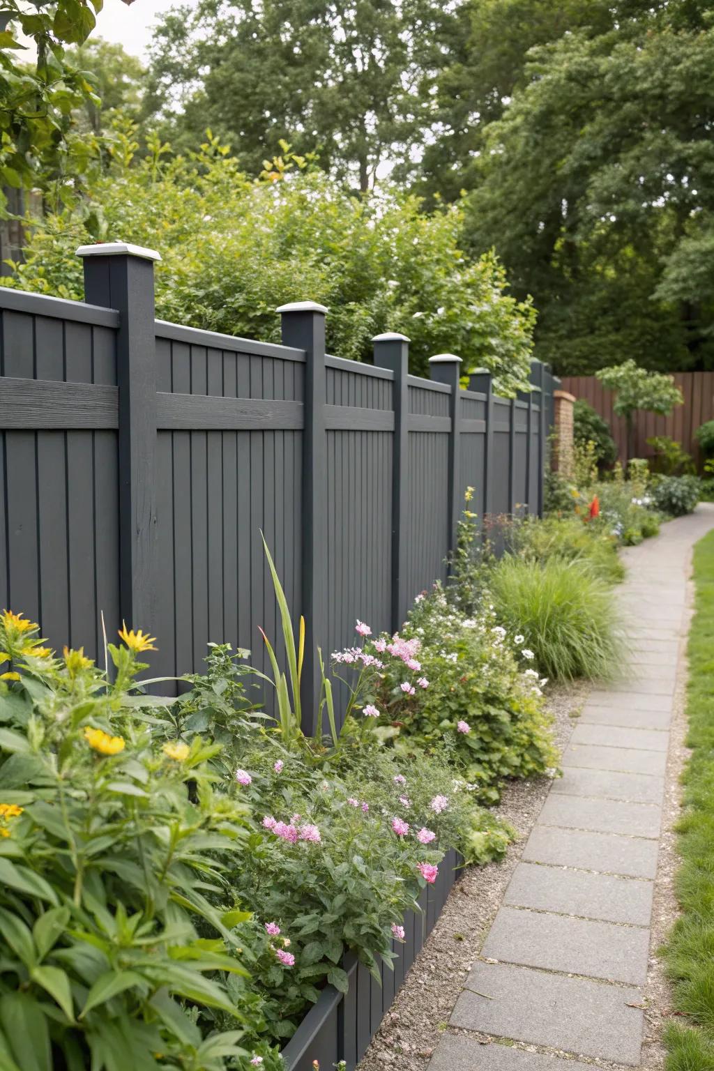 A sustainable charcoal-toned fence made from eco-friendly recycled materials.