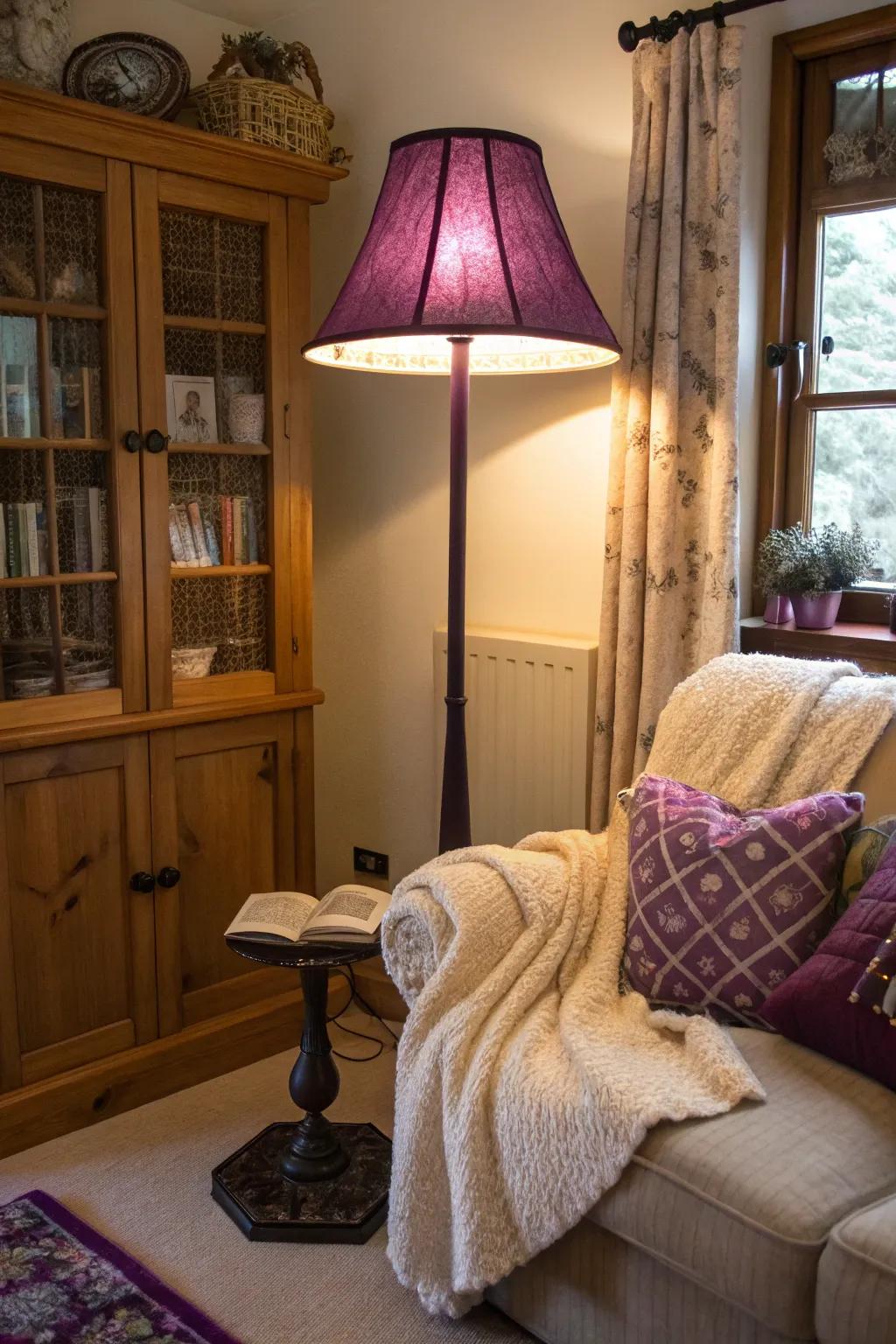 A deep violet standing lamp brightens the corner of this cozy living area.