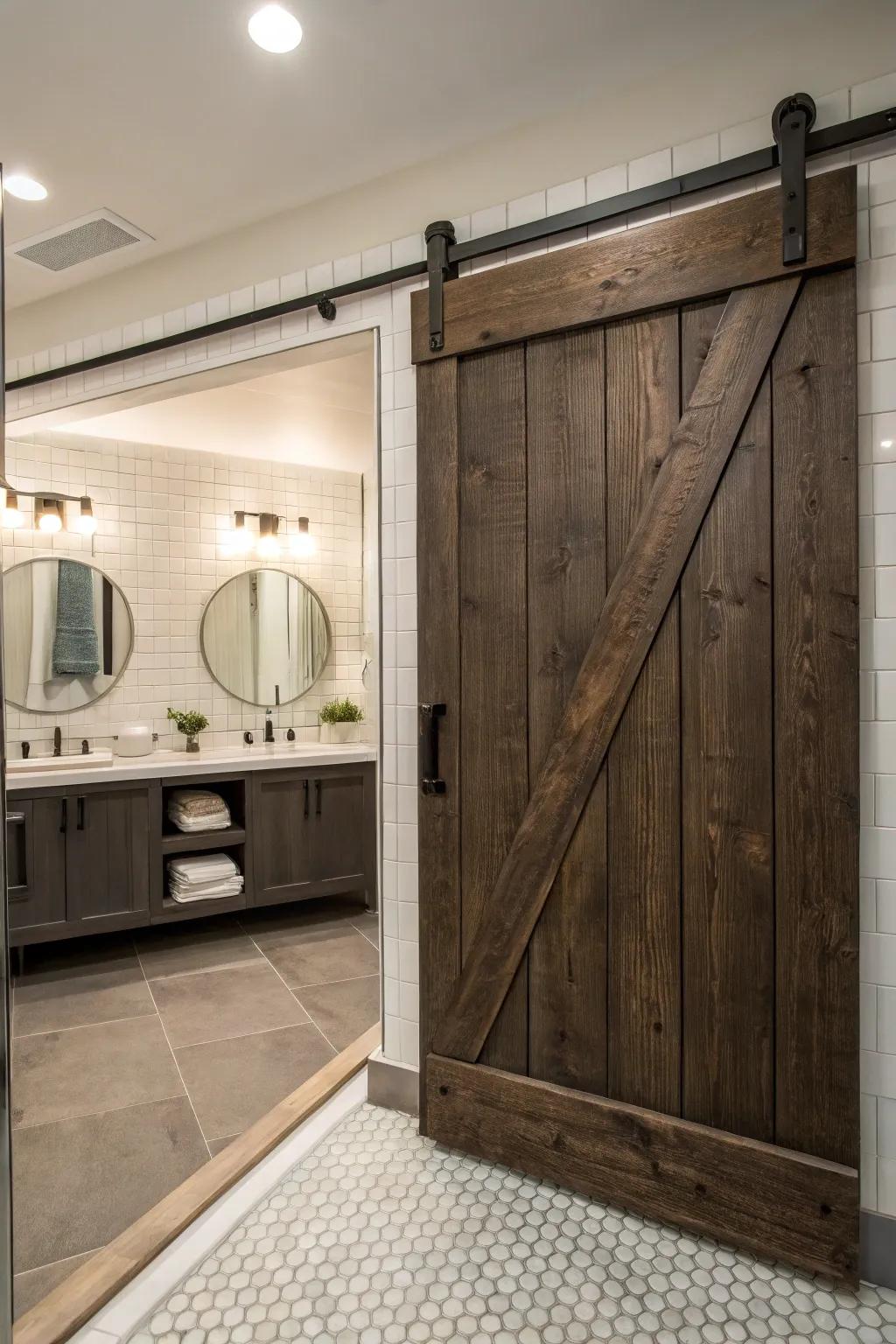 A sliding barn-style door introduces rustic allure to this contemporary bathroom.