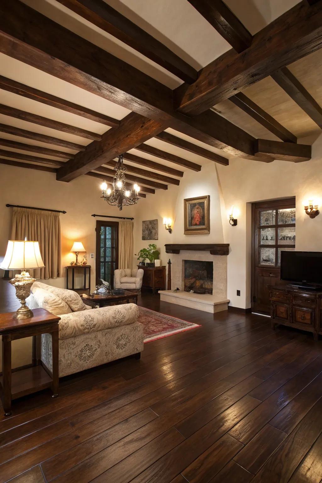 Coordinating beams and flooring for a cohesive design.